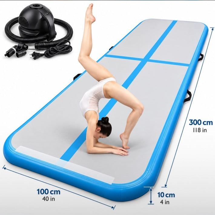 Inflatable blue and grey Air Track mat with electric pump