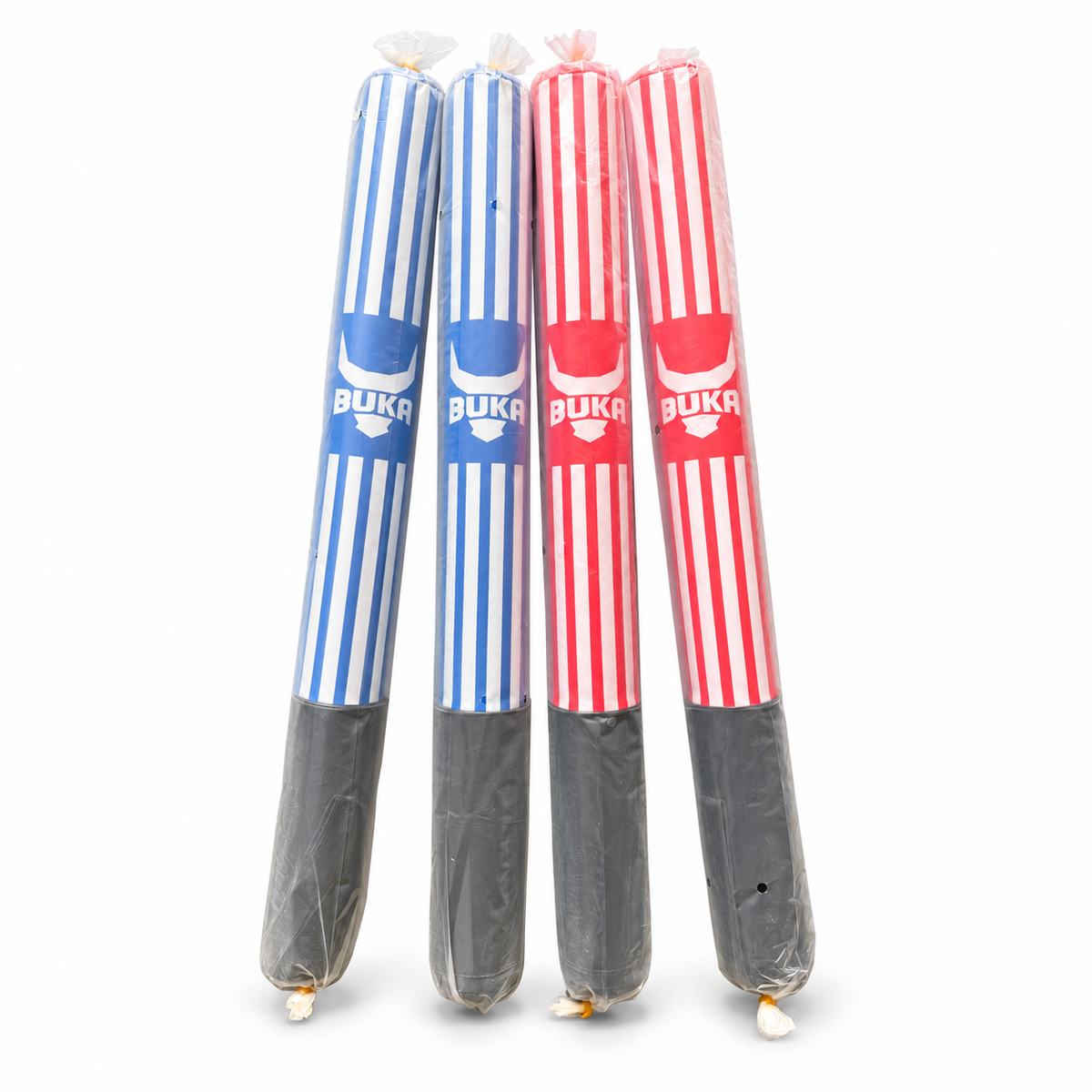 Four BUKA boxing training sticks, two blue and two red, shown on white background