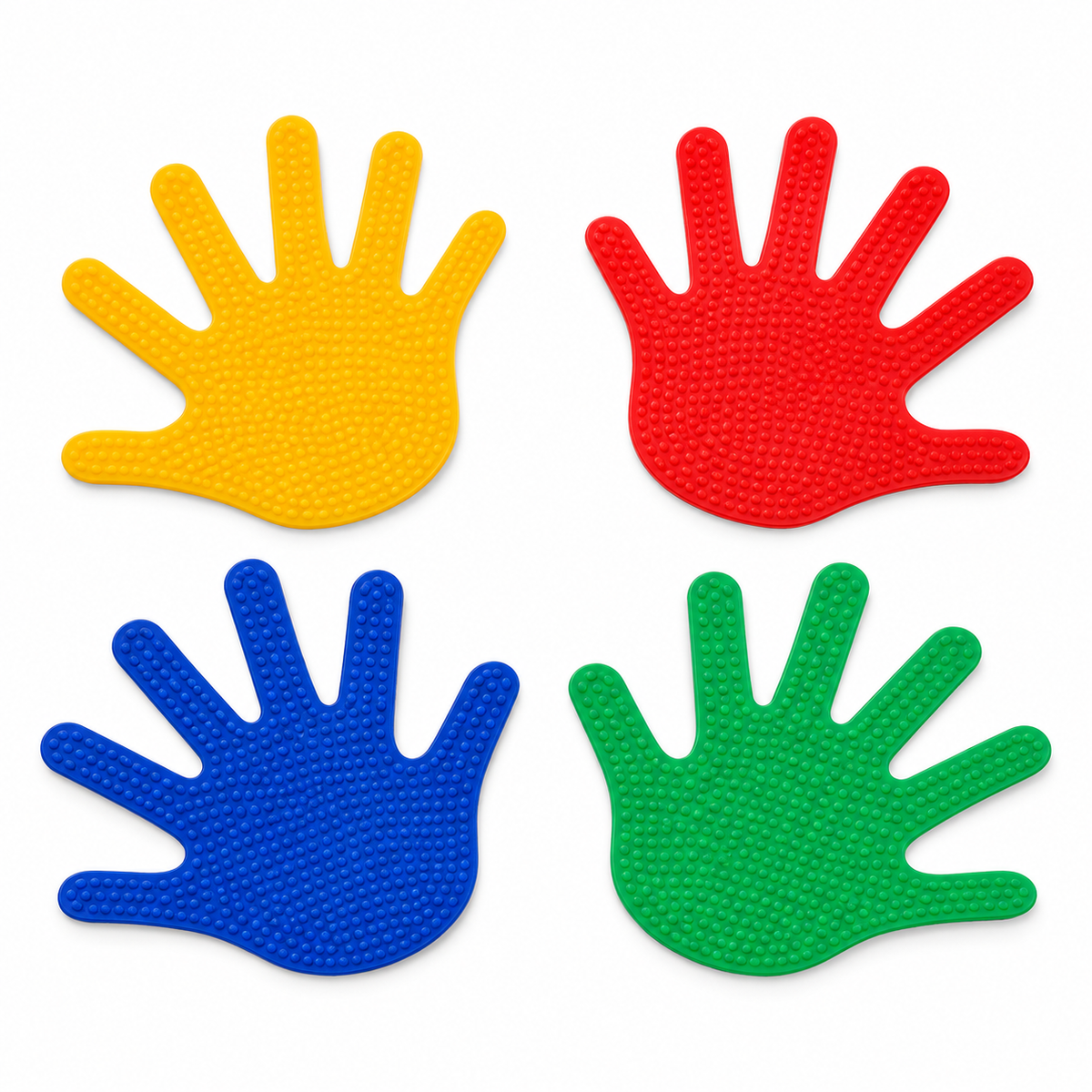 Four colorful hand-shaped training markers