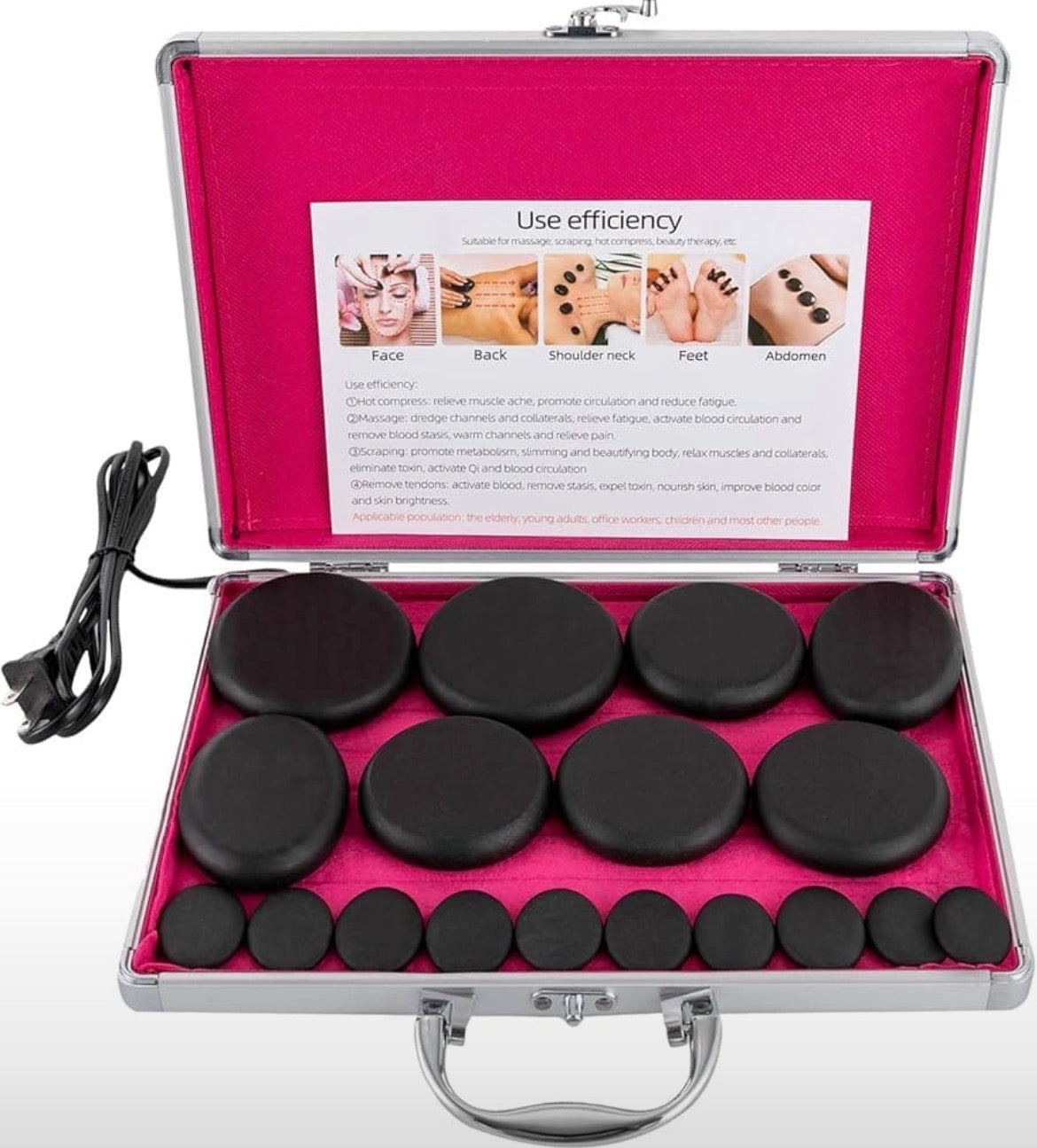 Hot stone massage set with black stones in a pink-lined carrying case