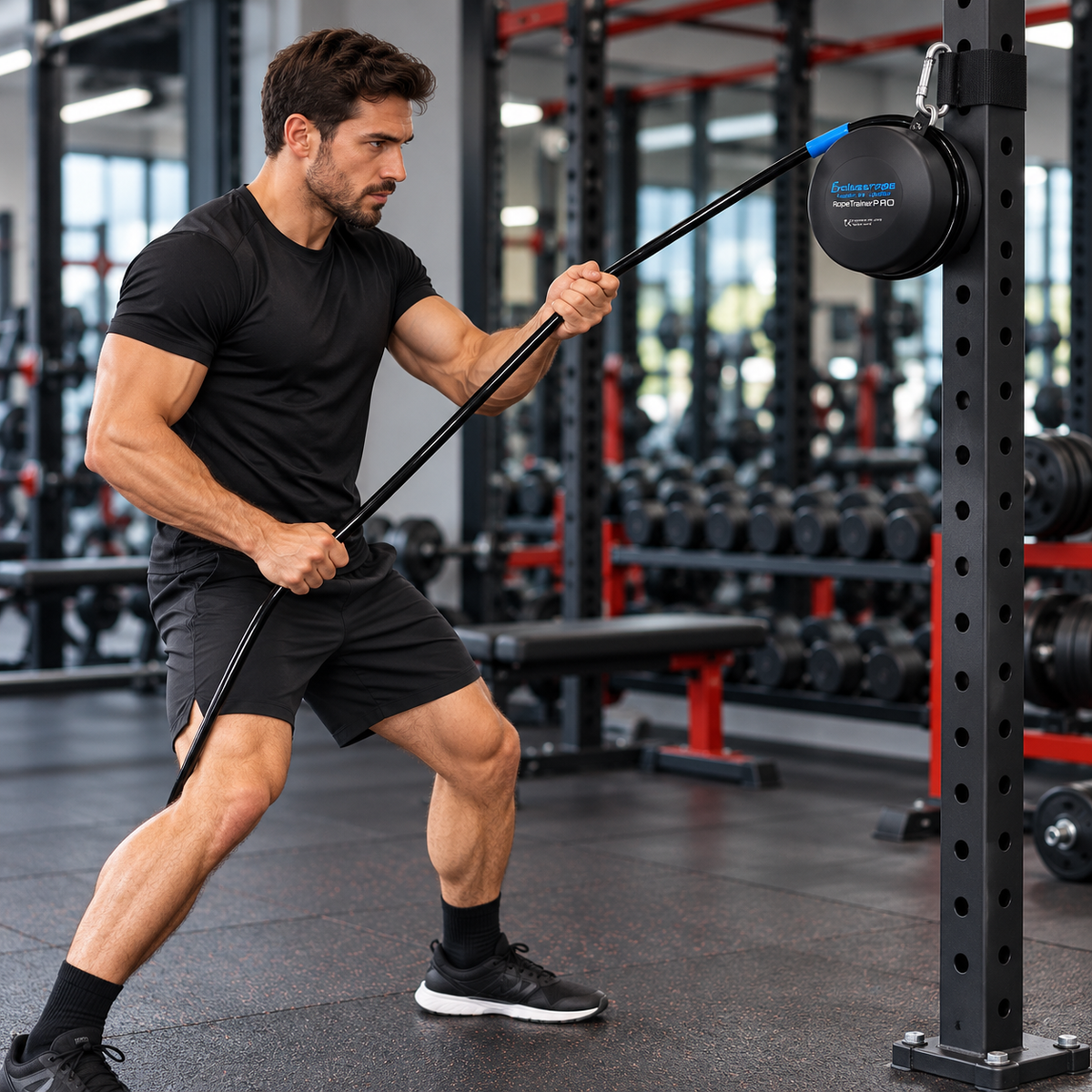 Illustrative action image of an athlete using the Endless Rope Trainer Pro in a gym