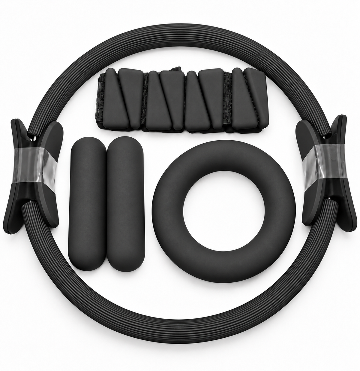 Black Pilates ring kit on white background