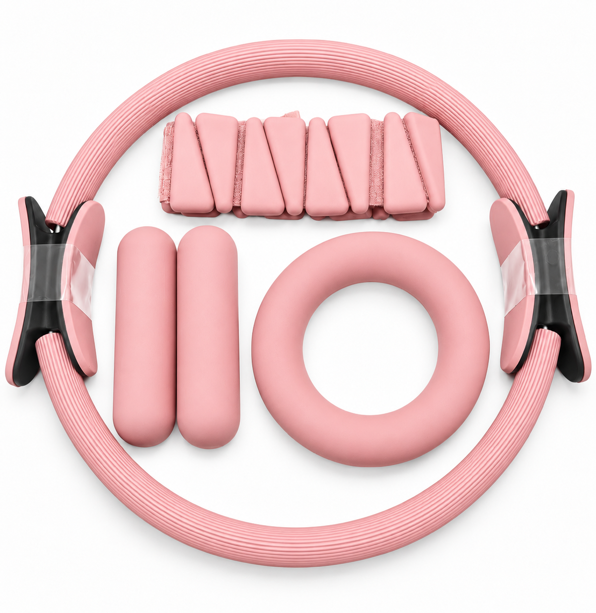 Pink Pilates ring kit on white background
