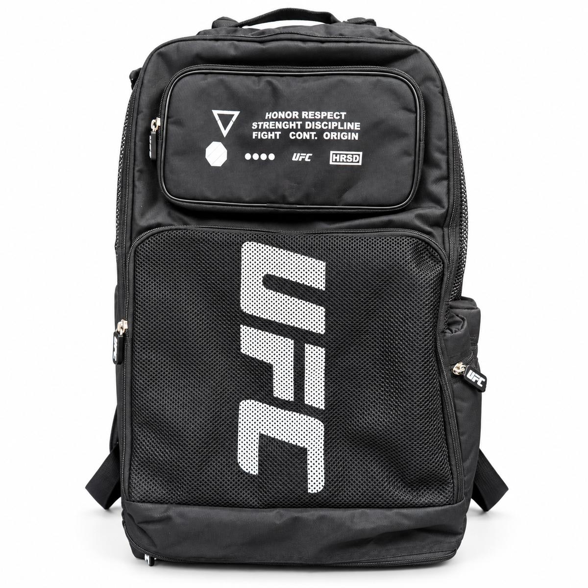 Black UFC training backpack on a white background