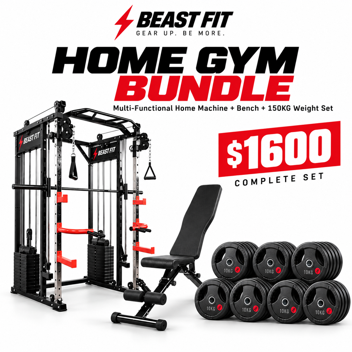 Home Gym Bundle – Multi-Functional Machine + Adjustable Bench + 150KG Weight Set