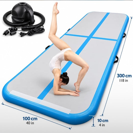 Inflatable blue and grey Air Track mat with electric pump