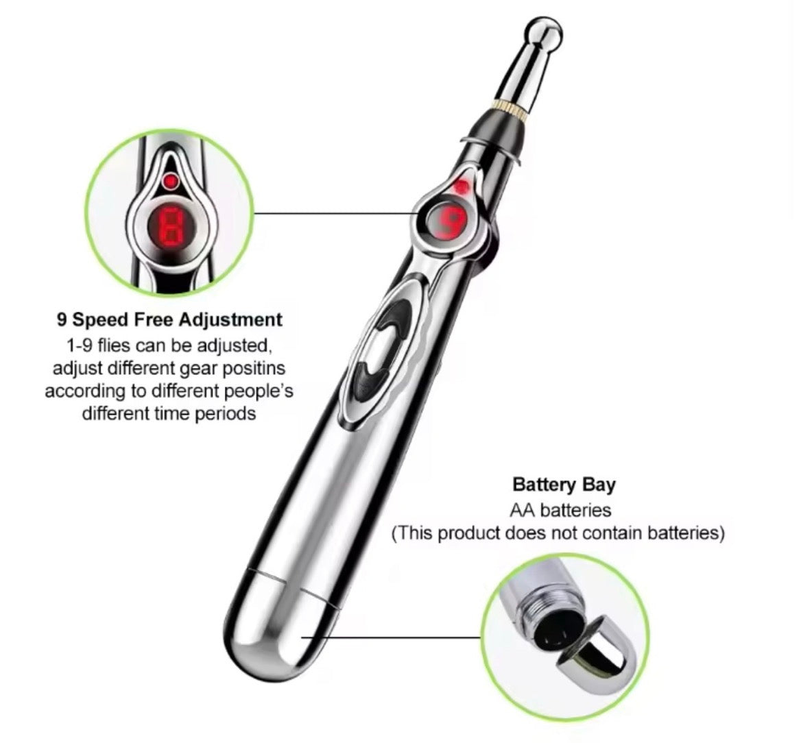Acu Pen controls and battery compartment infographic