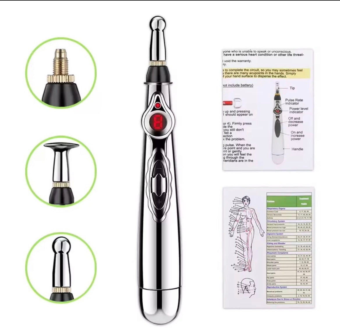 Silver electronic Acu Pen with interchangeable tips and instruction sheet