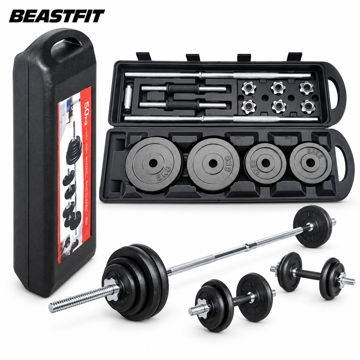 Adjustable 55 kg 3-in-1 kit on white background with BEASTFIT branding
