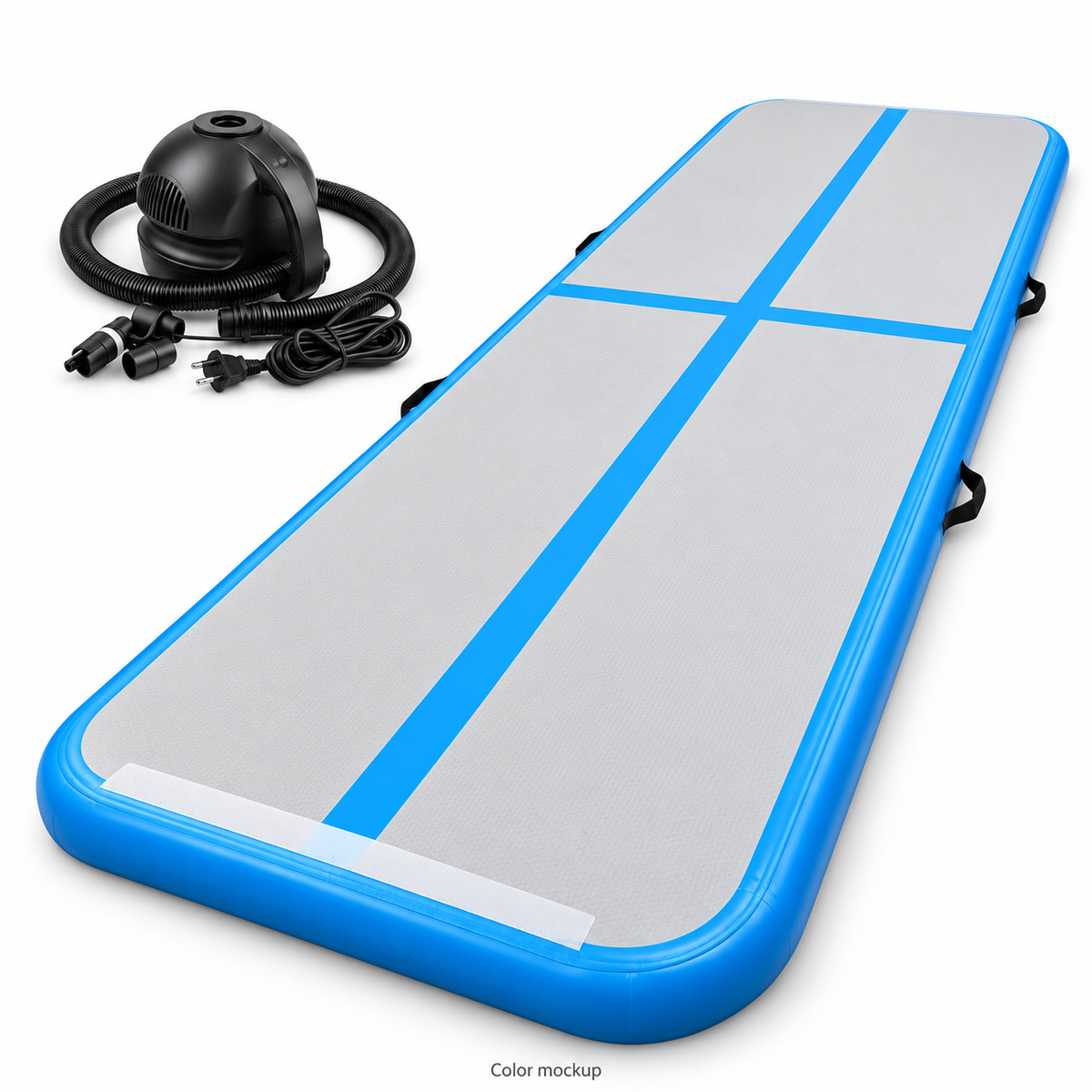 Blue 3m × 1m × 10cm air track with electric pump — color mockup
