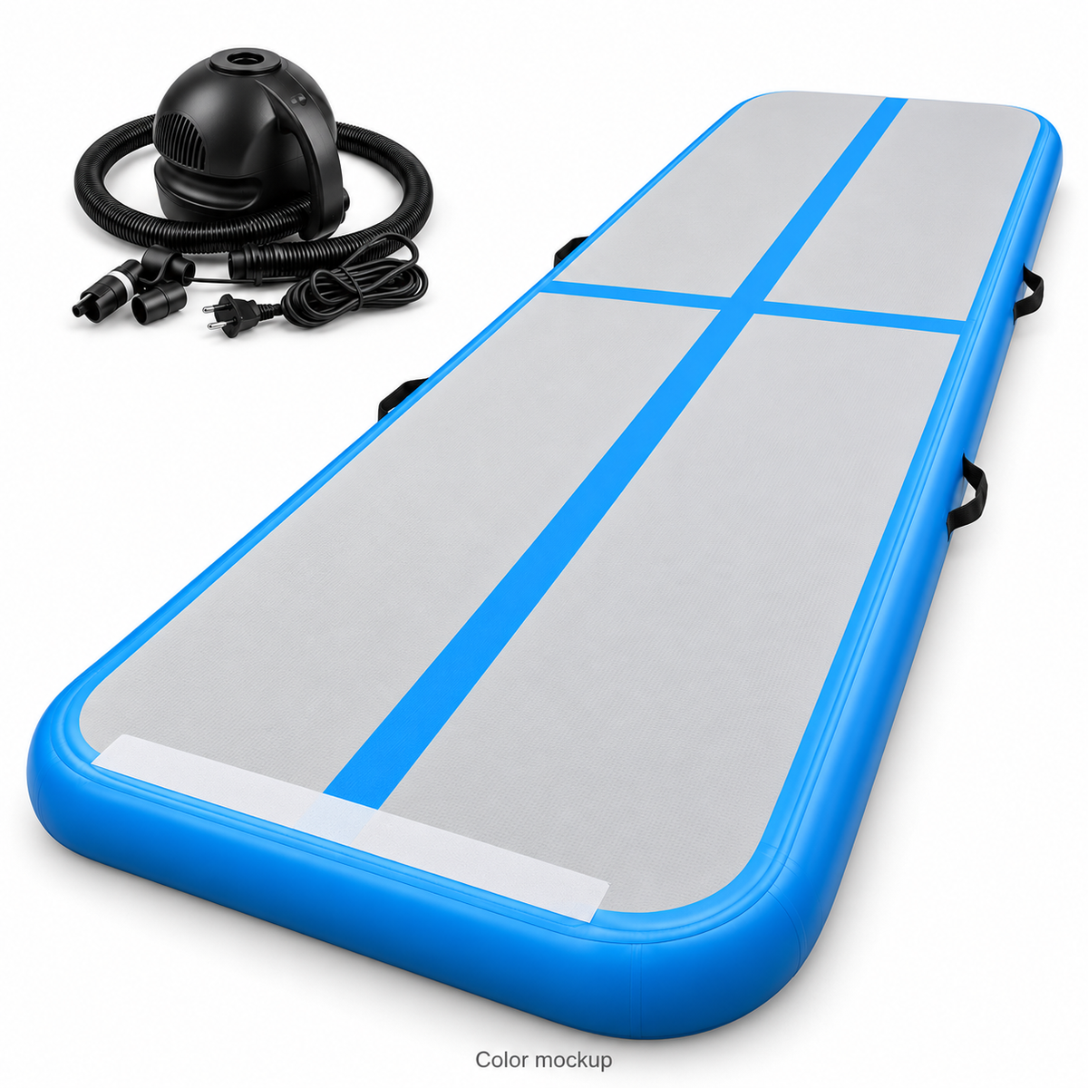 Blue 3m × 1m × 20cm air track with electric pump — color mockup