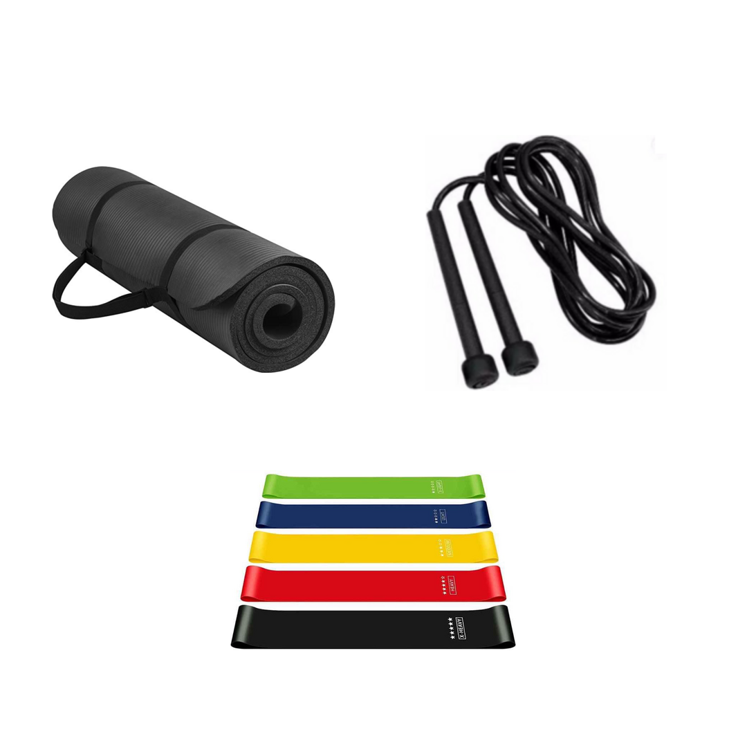 Beginner Fitness Bundle with gym mat, PVC jump rope and mini elastic bands on white background