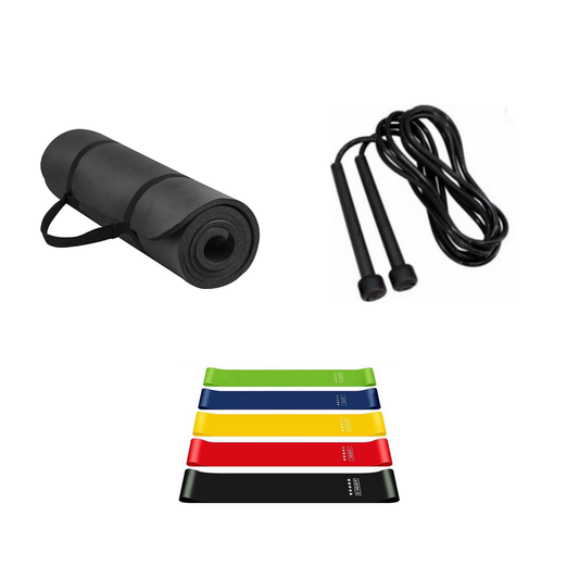 Beginner Fitness Bundle with gym mat, PVC jump rope and mini elastic bands on white background