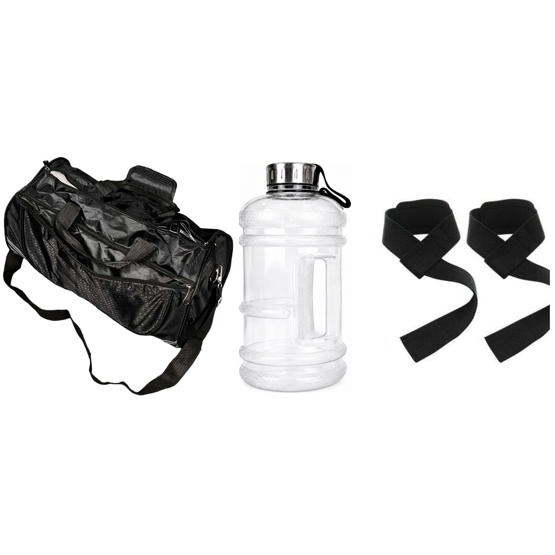 Gym Accessories Bundle on white background: gym bag, one water bottle, and wrist straps