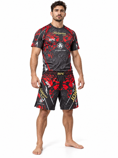 Illustrative model wearing the black and red MMA training shirt and shorts set on a white background