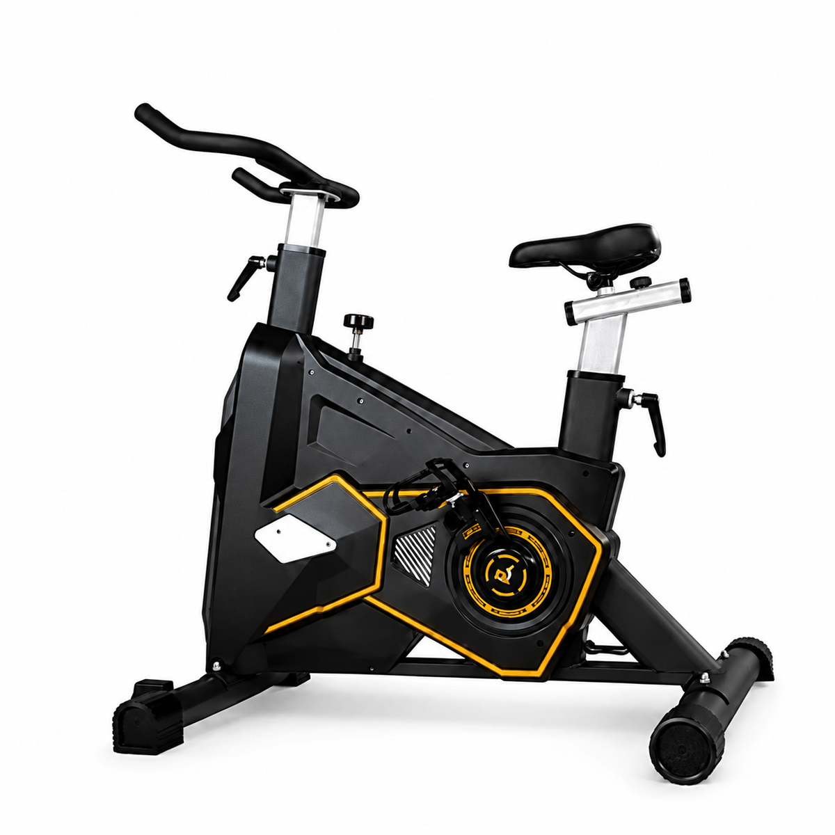 Black and gold indoor spin bike on a white background