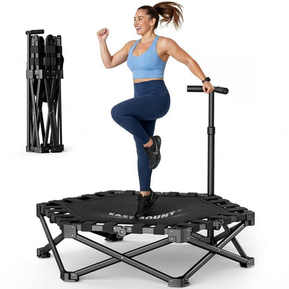 Foldable hexagonal fitness trampoline with adjustable handle on white background