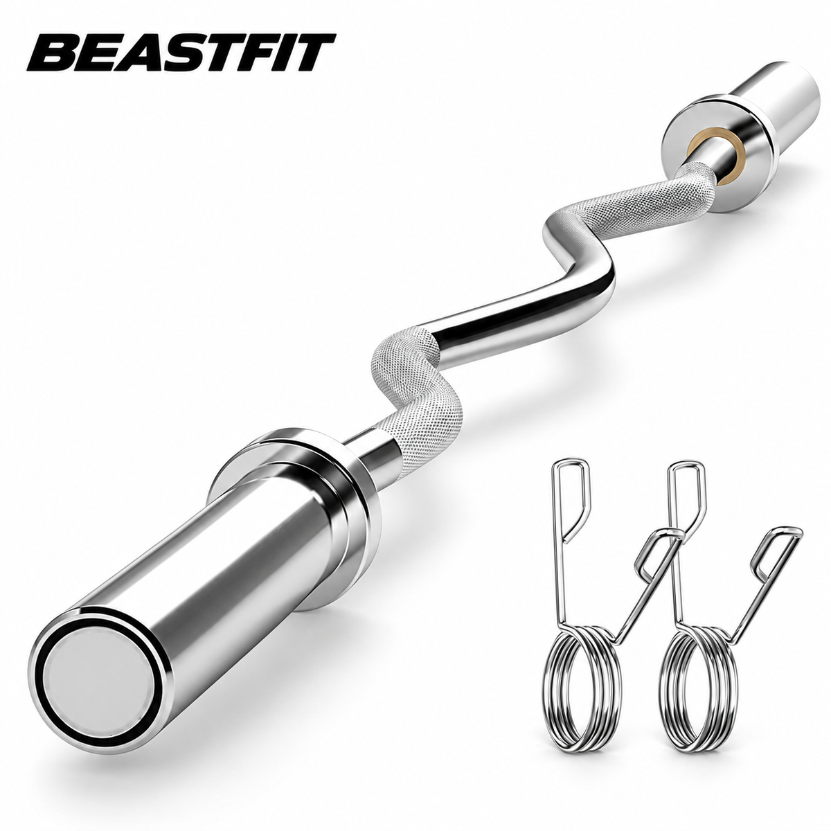 Olympic 120 cm Barbell Curl/ EZ Curl — clean white background with BEASTFIT branding