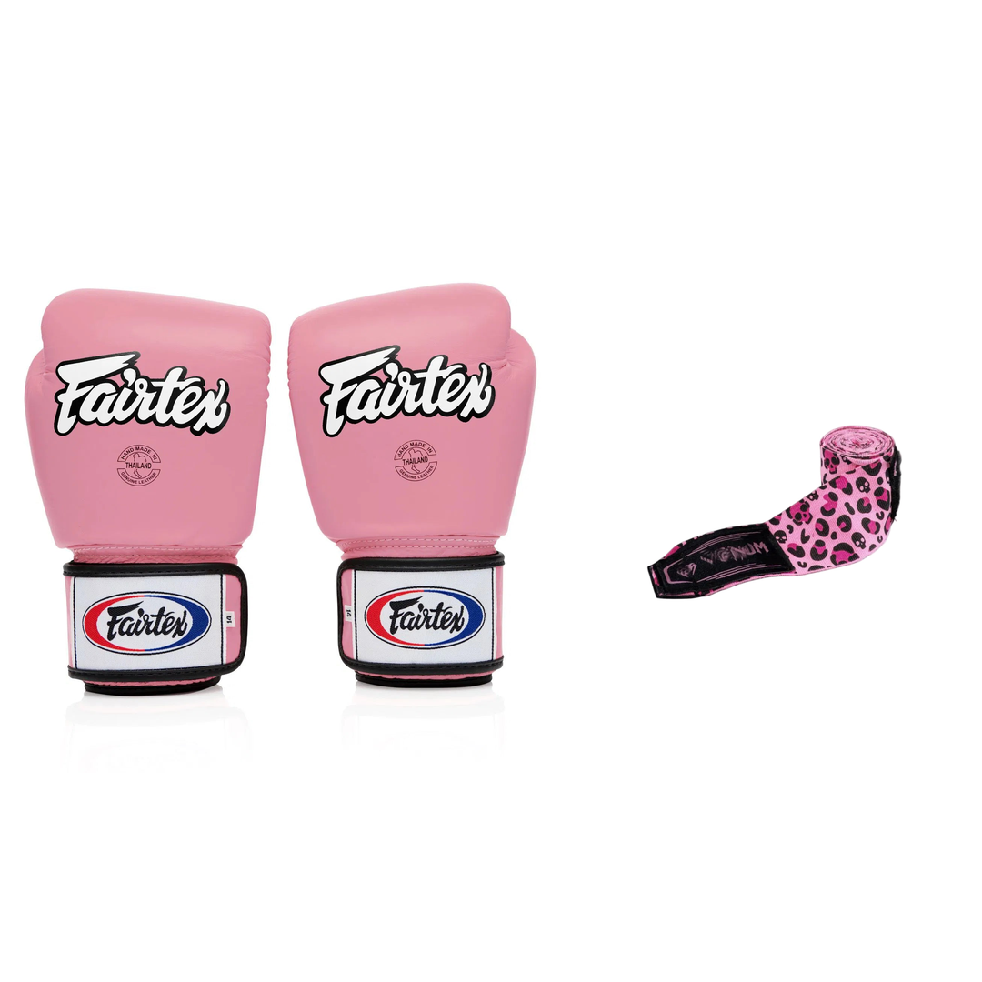Pink Fight Set with Fairtex Pink Color boxing gloves and Handwrap Venom Pink on a white background