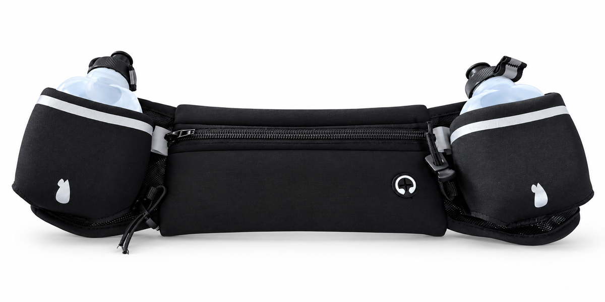 Black running hydration waist belt with two bottles and a zip pocket on a white background