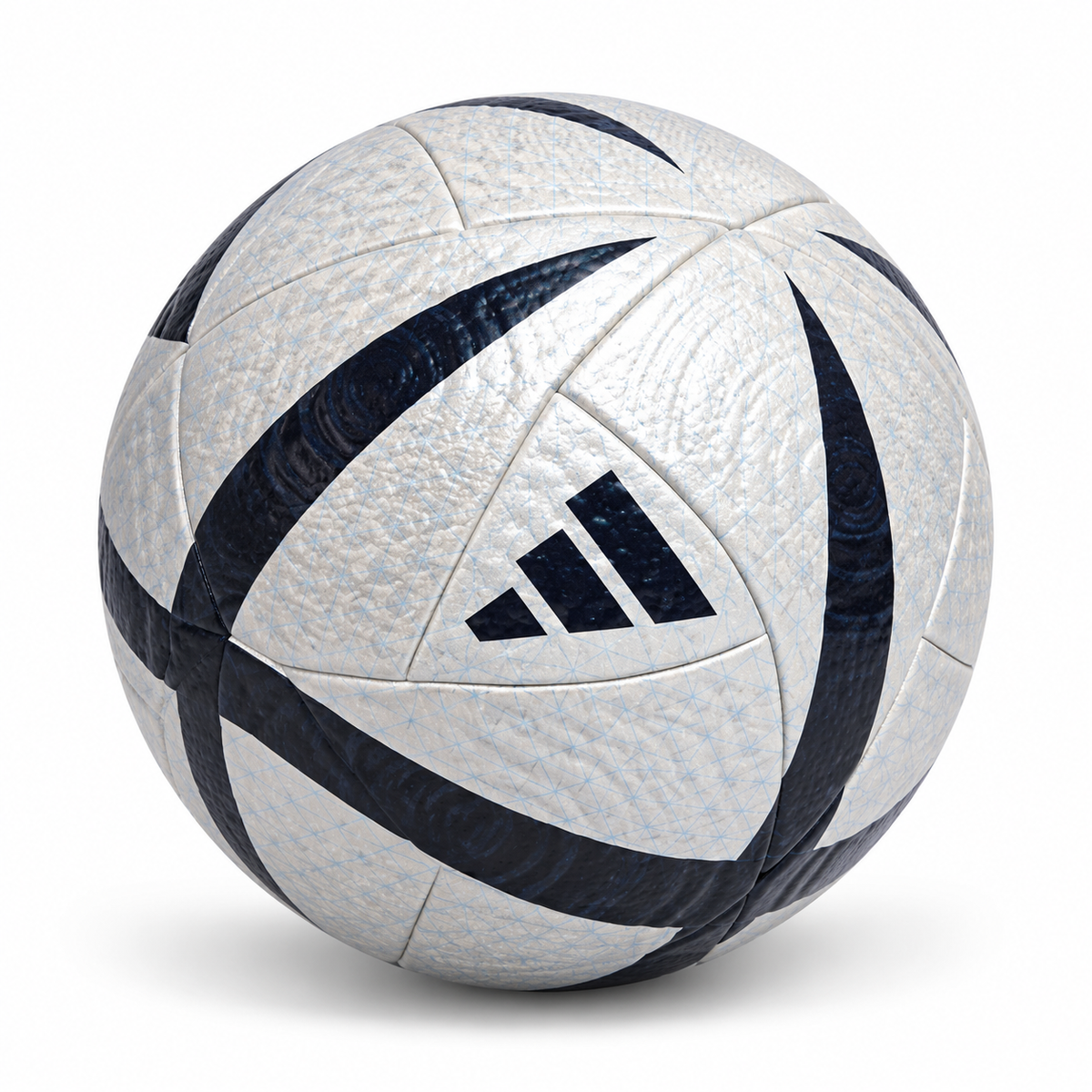 Silver white PU football with navy curved panels