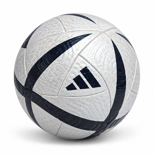 Silver white PU football with navy curved panels