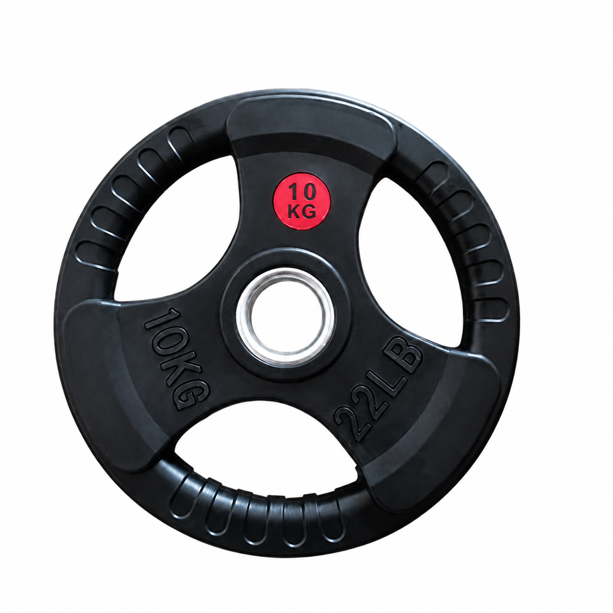 One of the two 10 kg tri-grip plates, shown on a white background
