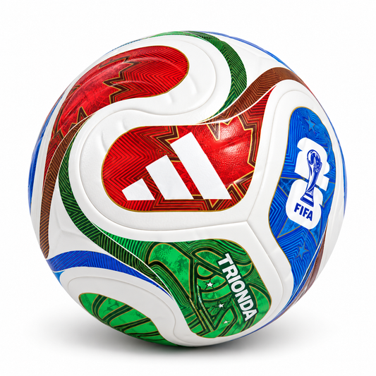 White PU football with red green blue and brown flowing panels