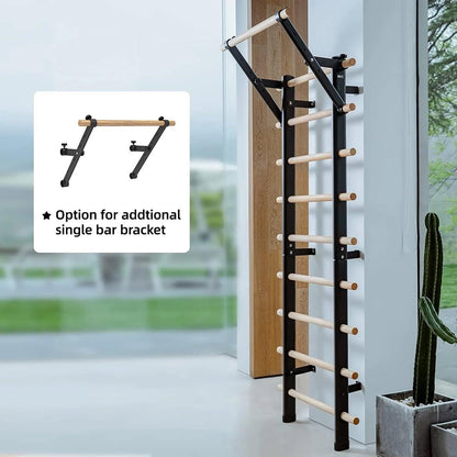 BEAST FIT wall-mounted Swedish ladder with wooden rungs and optional single-bar bracket