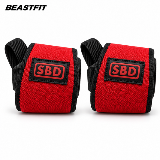 BEASTFIT red and black wrist wraps pair on white background