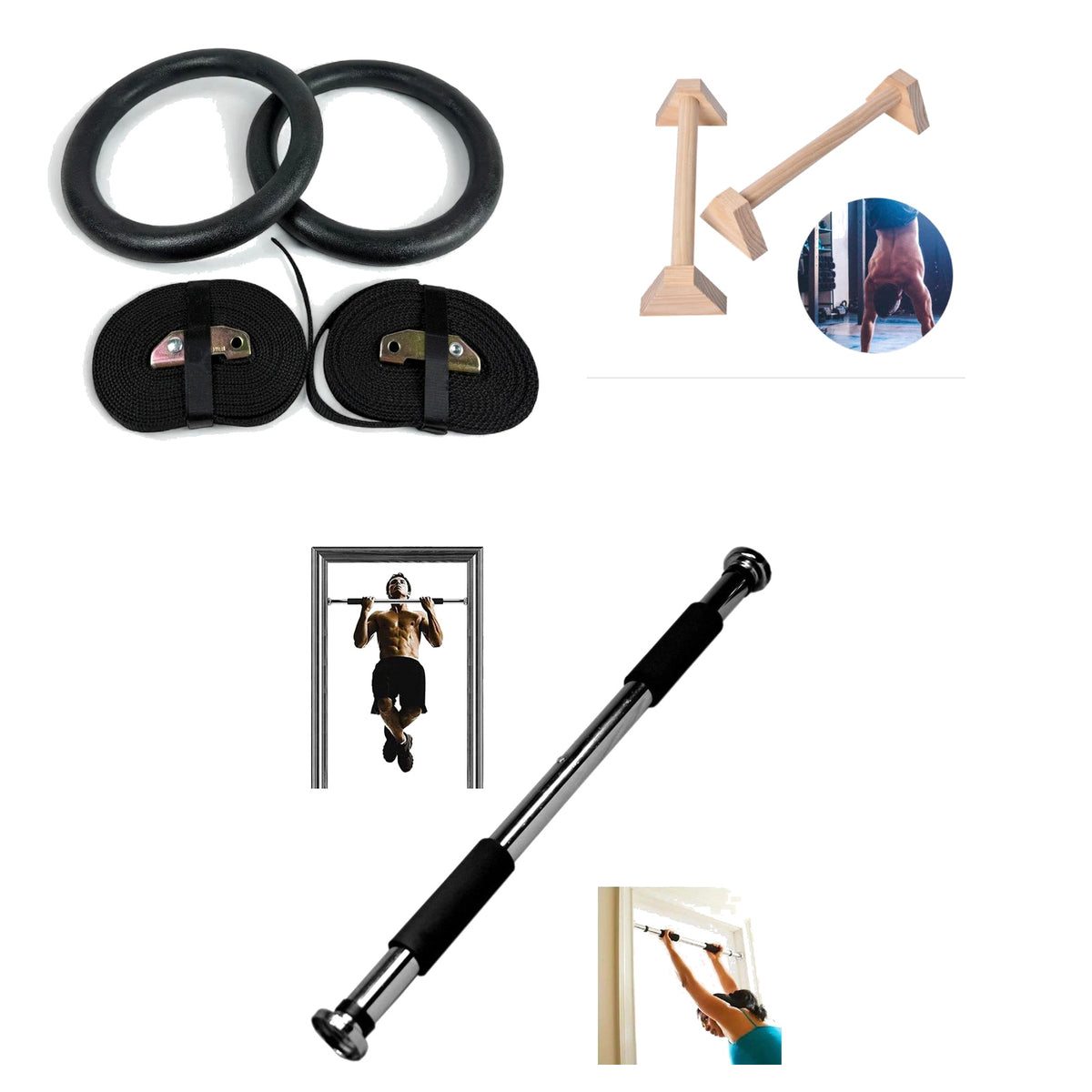 Calisthenics starter bundle with gymnastics rings, wooden parallel bars and doorway pull-up bar