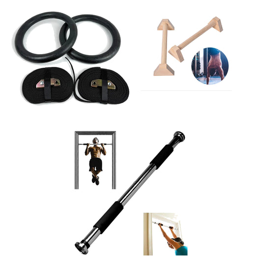 Calisthenics starter bundle with gymnastics rings, wooden parallel bars and doorway pull-up bar