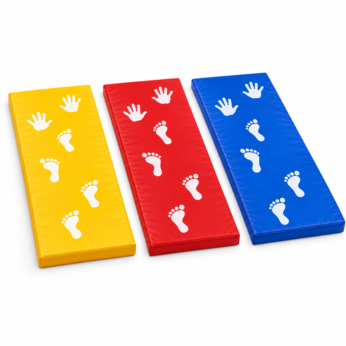 Cartwheel training mats with hand and foot placement guides in yellow, red, and blue