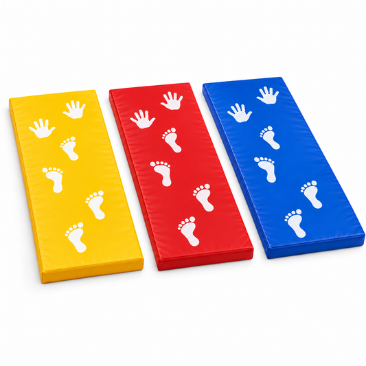 Cartwheel training mats with hand and foot placement guides in yellow, red, and blue