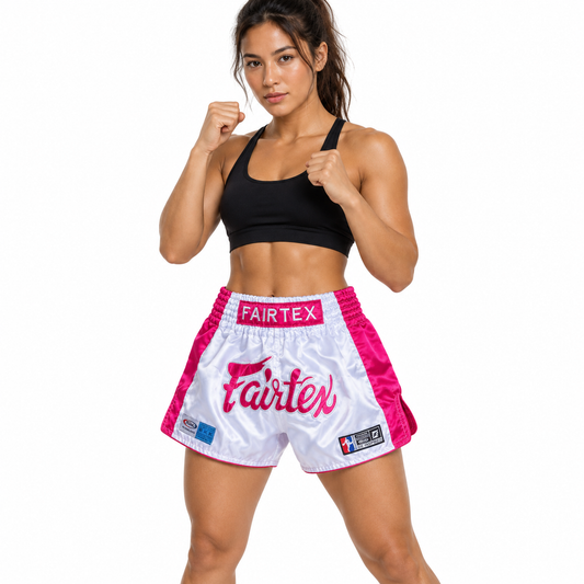 Female model wearing pink and white Fairtex Muay Thai shorts