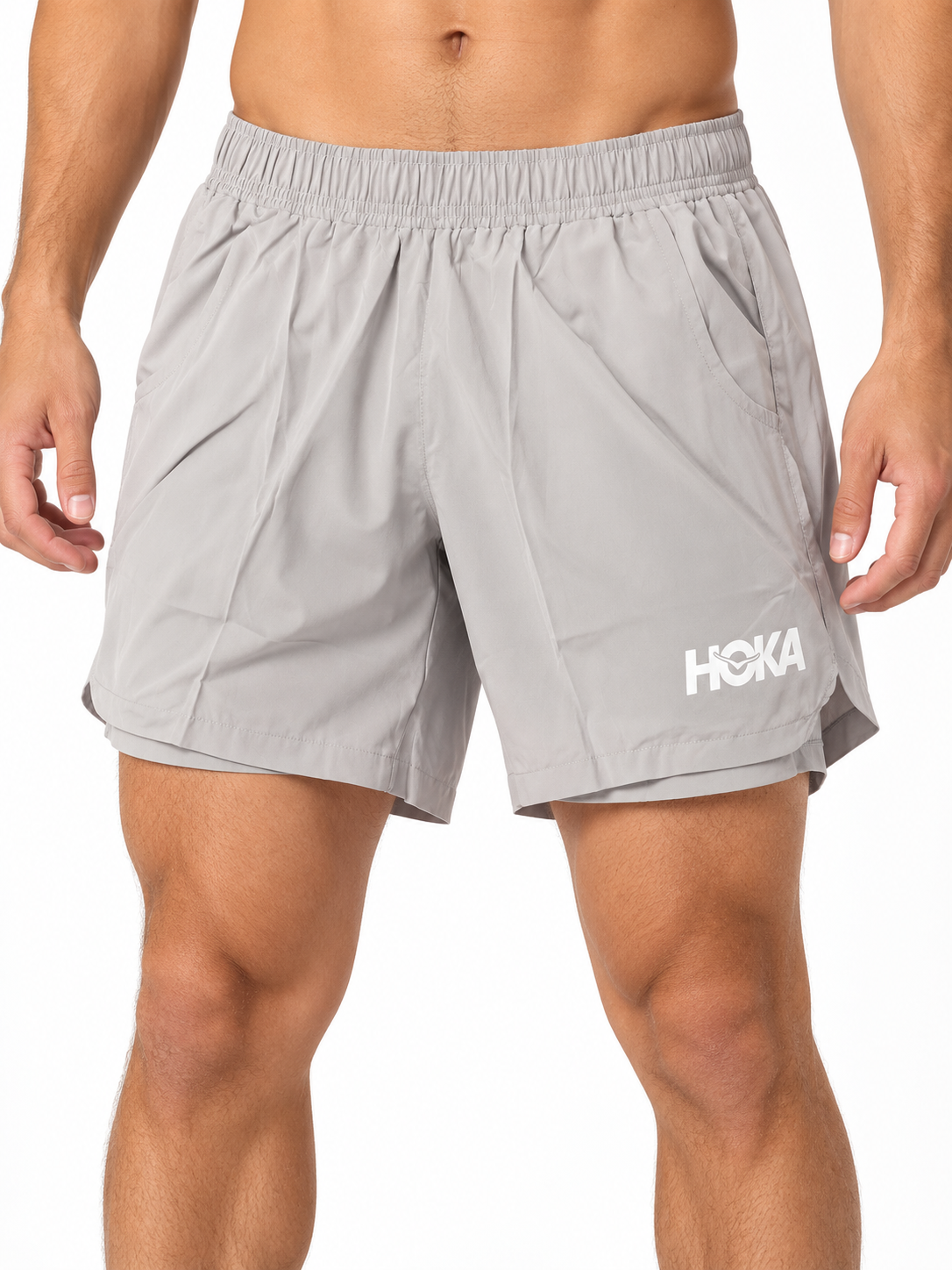 Men's grey layered running shorts on model