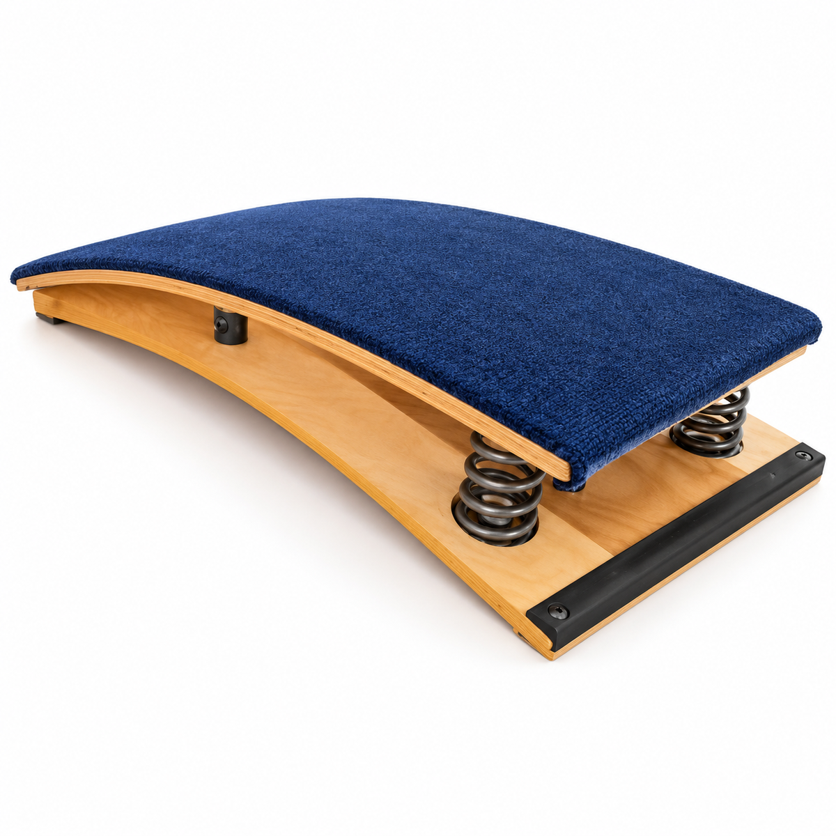 Gymnastics springboard with blue padded top, wooden frame, and coil springs