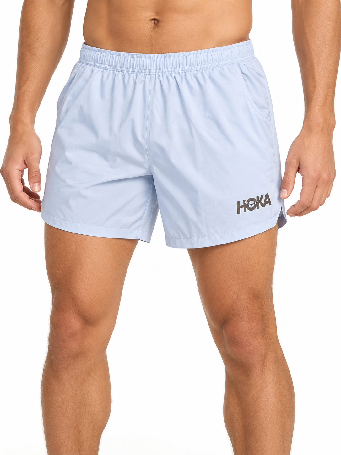 Men's light blue running shorts on model