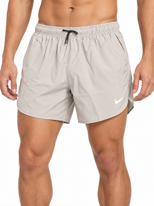 Men's light grey running shorts on model
