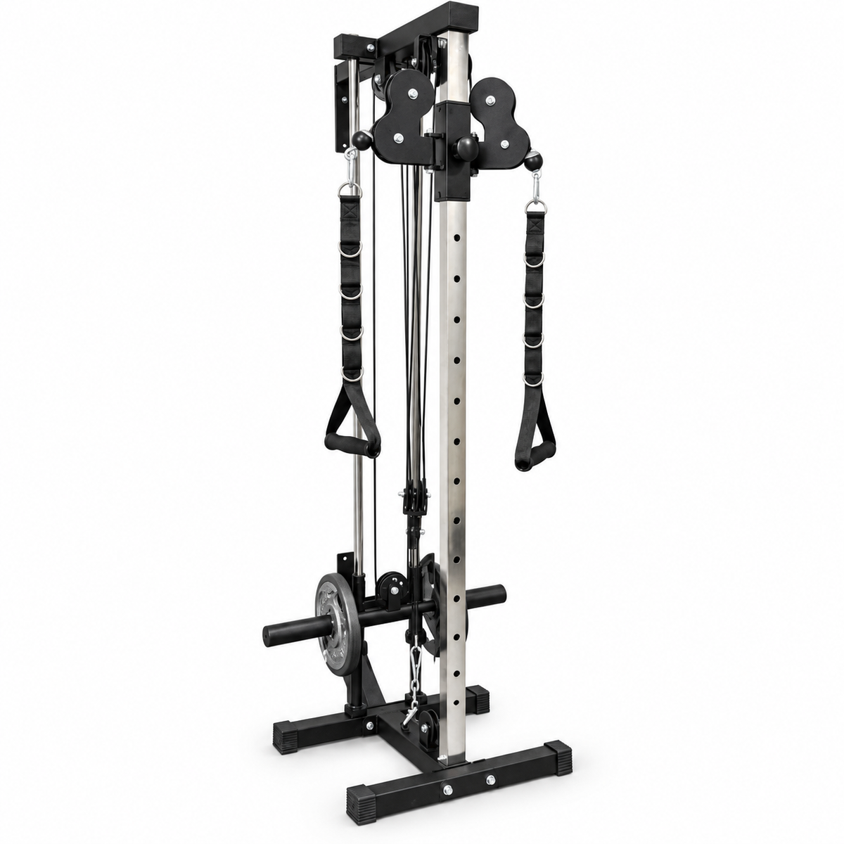 Plate-loaded adjustable cable pulley station on white background