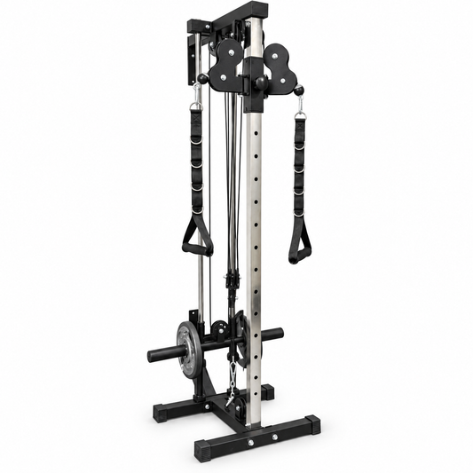 Plate-loaded adjustable cable pulley station on white background