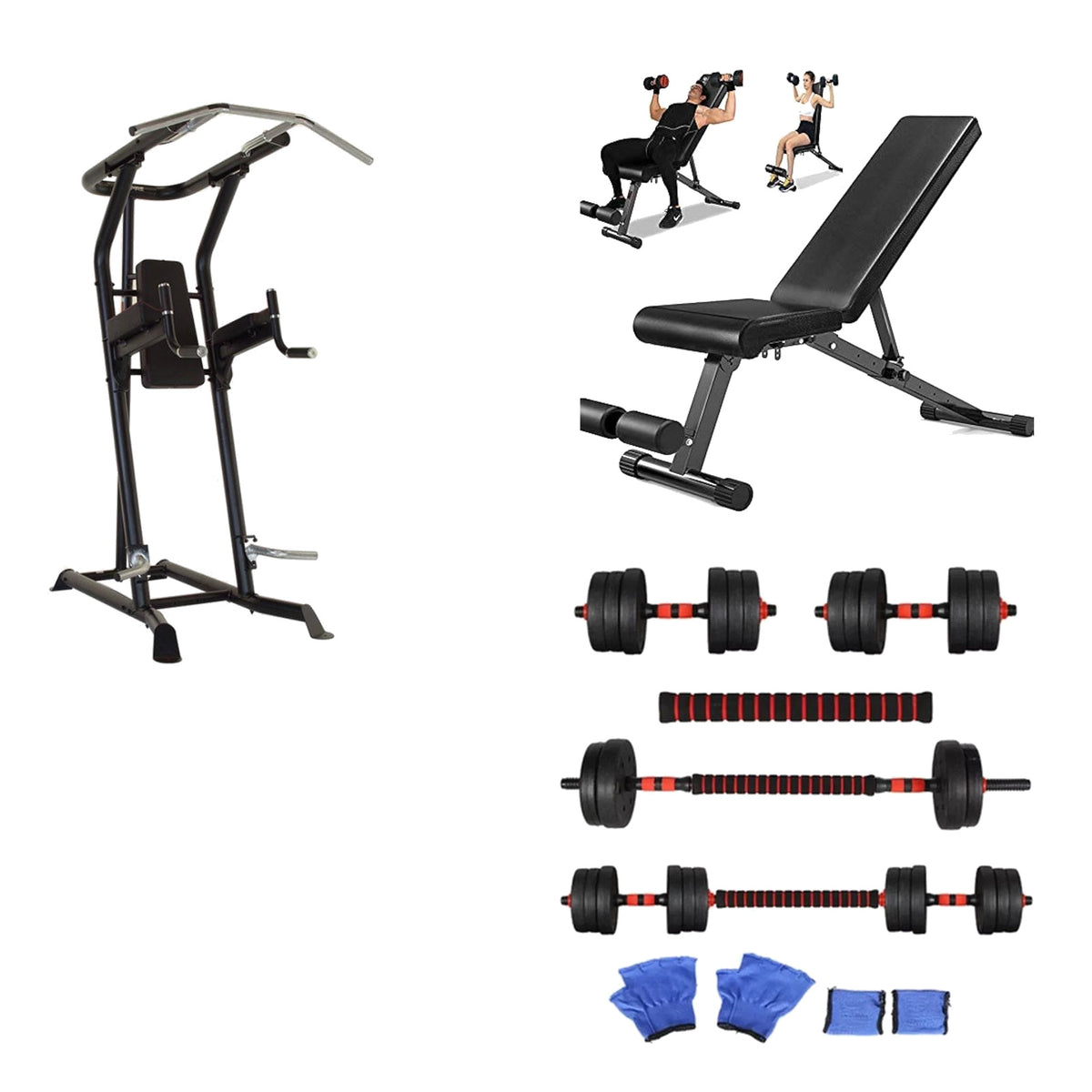 Power tower, adjustable bench and 40kg adjustable dumbbell and barbell bundle