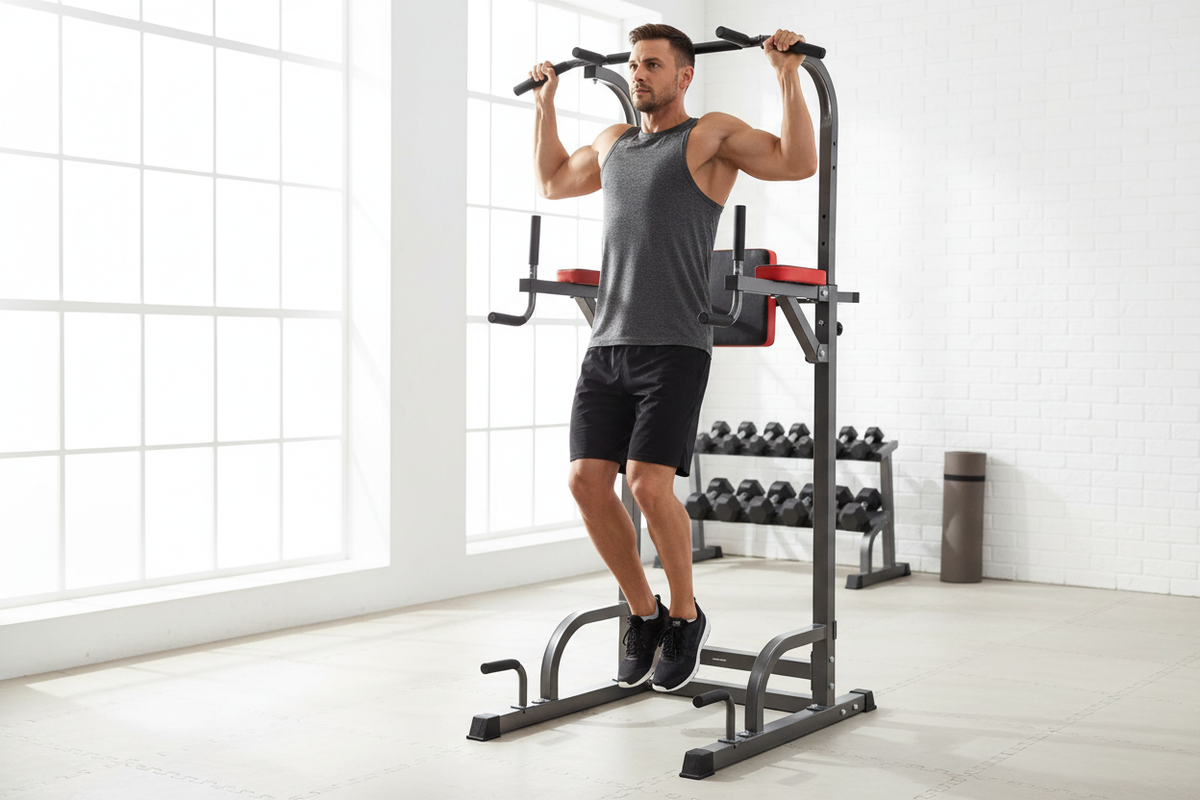 Person doing pull-ups on a power tower