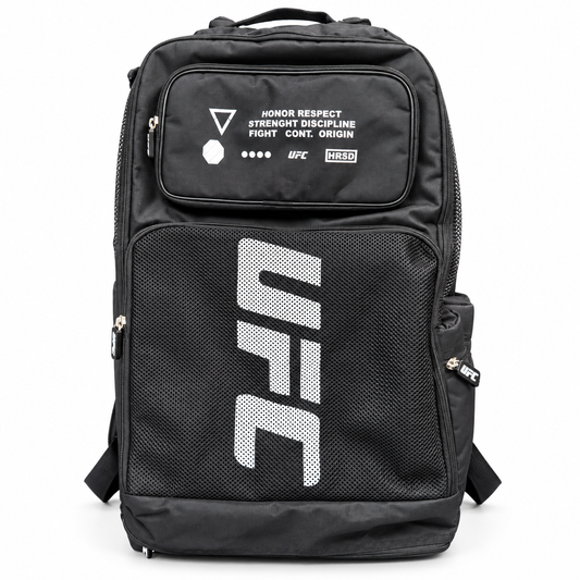 Black UFC training backpack on a white background