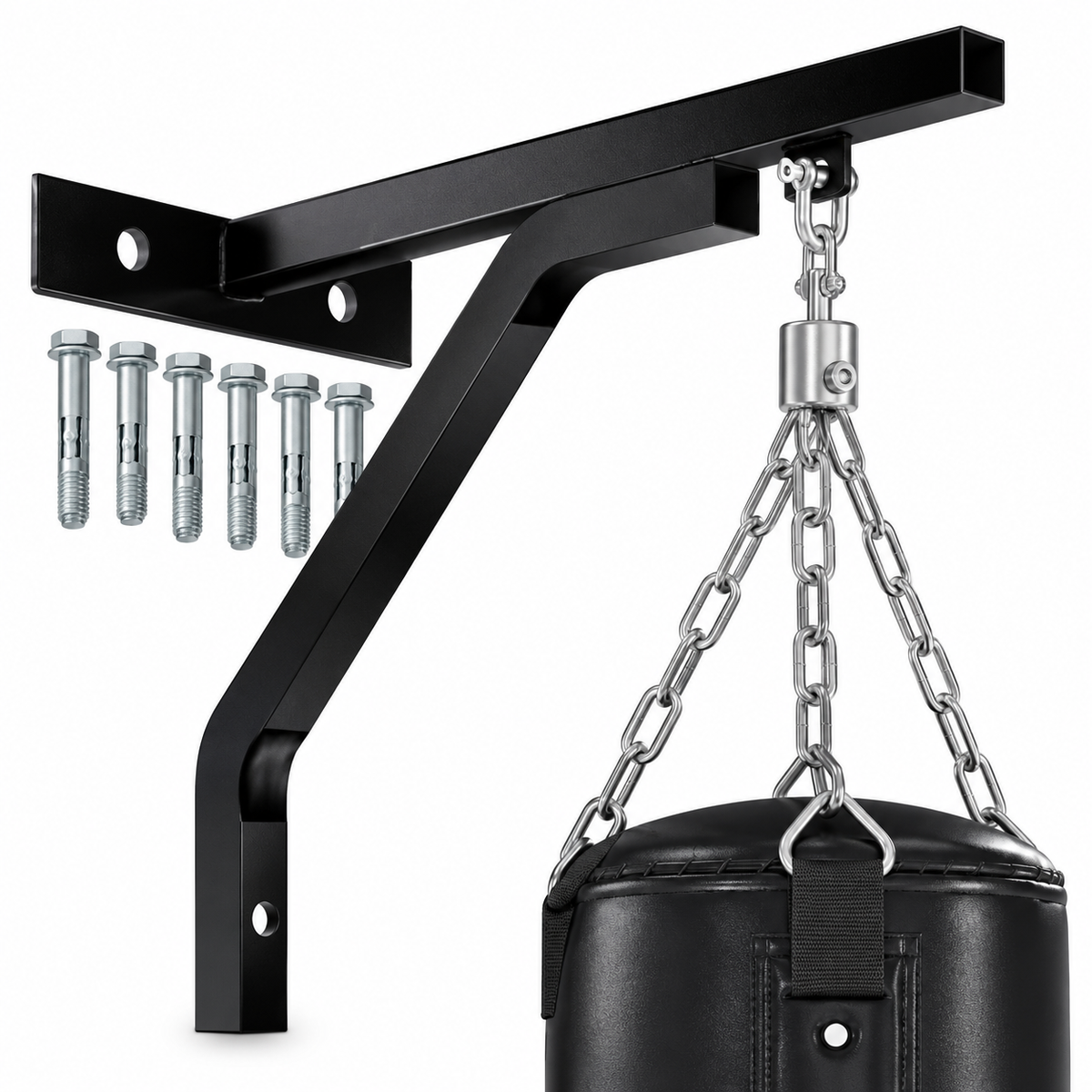 Black wall mount boxing bag bracket with chain and mounting bolts on white background
