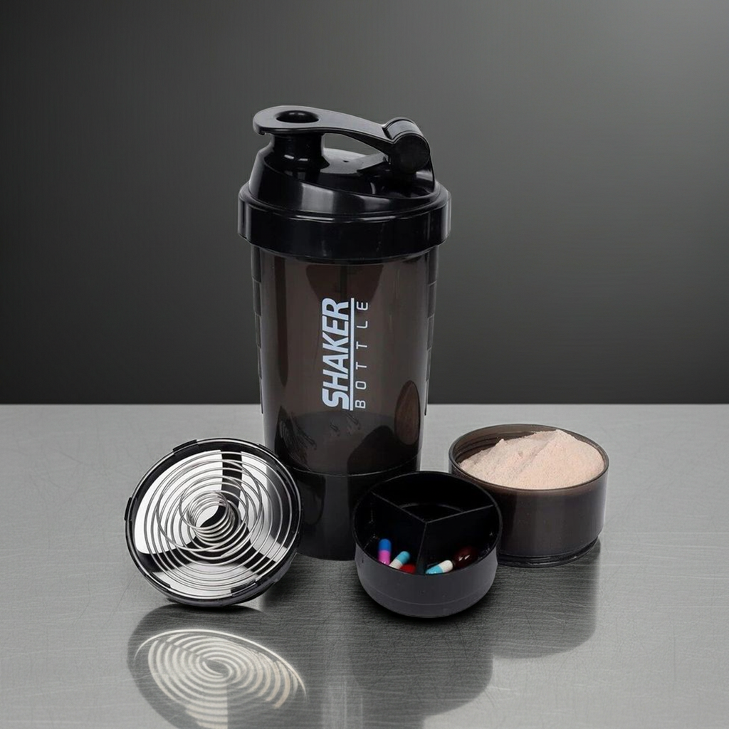 3-Layer Protein Shaker Bottle with Storage Compartments – 600ml Fitness Mixer Cup