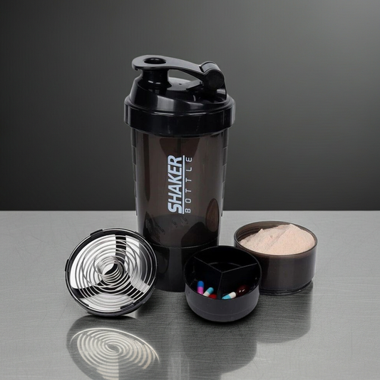 3-Layer Protein Shaker Bottle with Storage Compartments – 600ml Fitness Mixer Cup